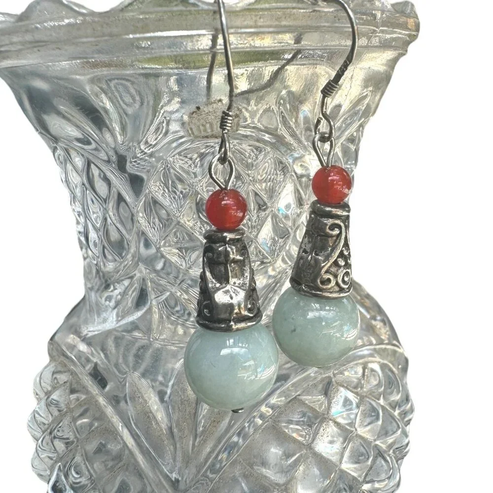 Vintage 925 Sterling Silver Dangle Earrings With Carnelian & Jade Beads Morocco - Picture 7 of 12